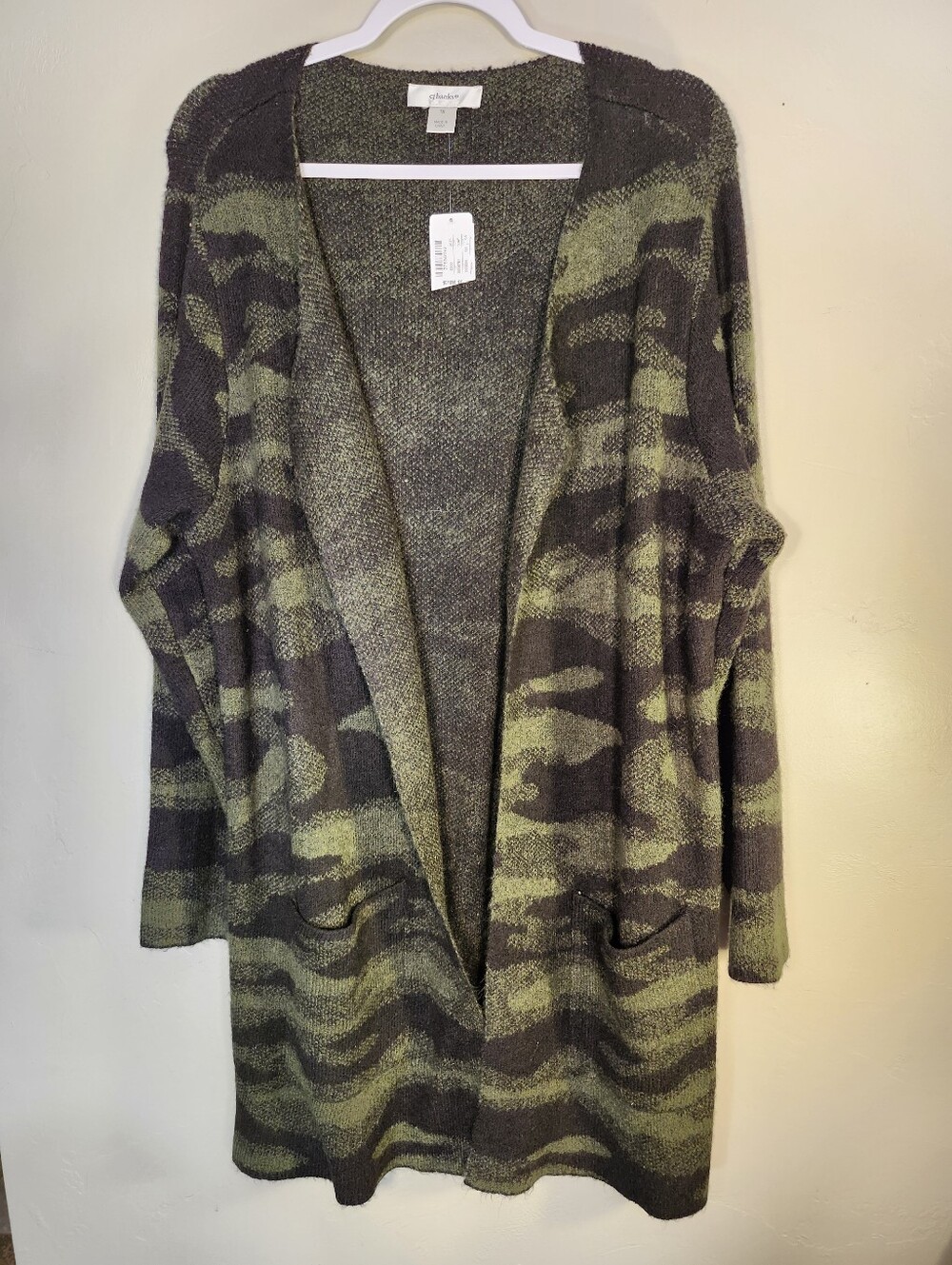 CJ Banks Olive and Charcoal Camouflage Open-Front Cardigan